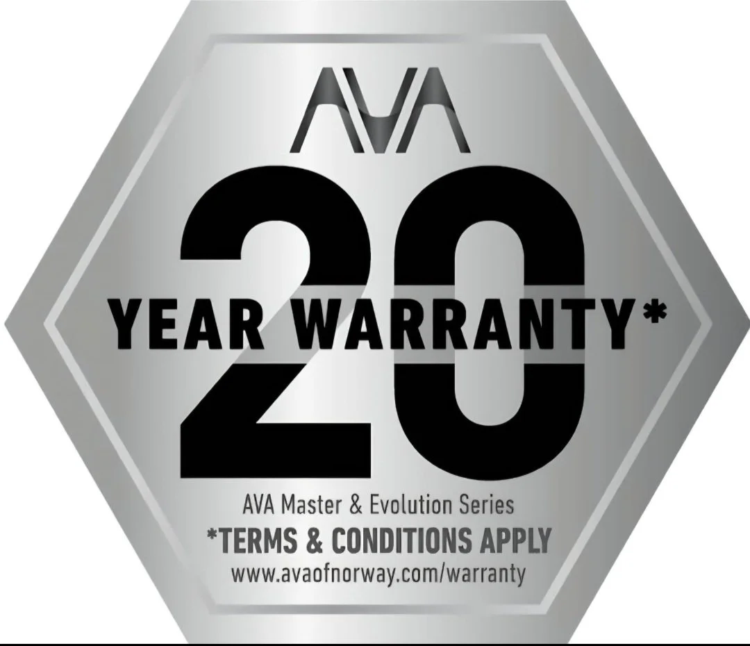 Silver hexagon badge with black text promoting a 20-year warranty by AVA, with conditions at avaofnorway.com/warranty.