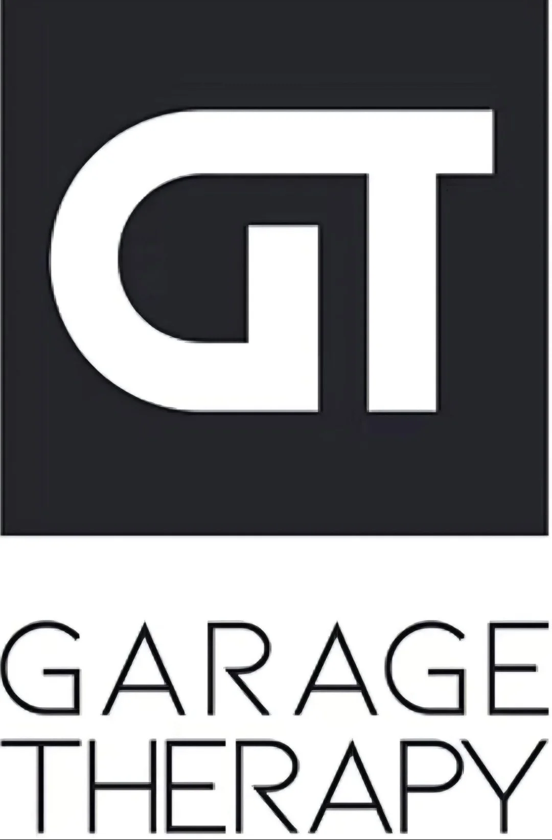 Logo with stylized 'GT' above the words 'Garage Therapy' in black lettering.
