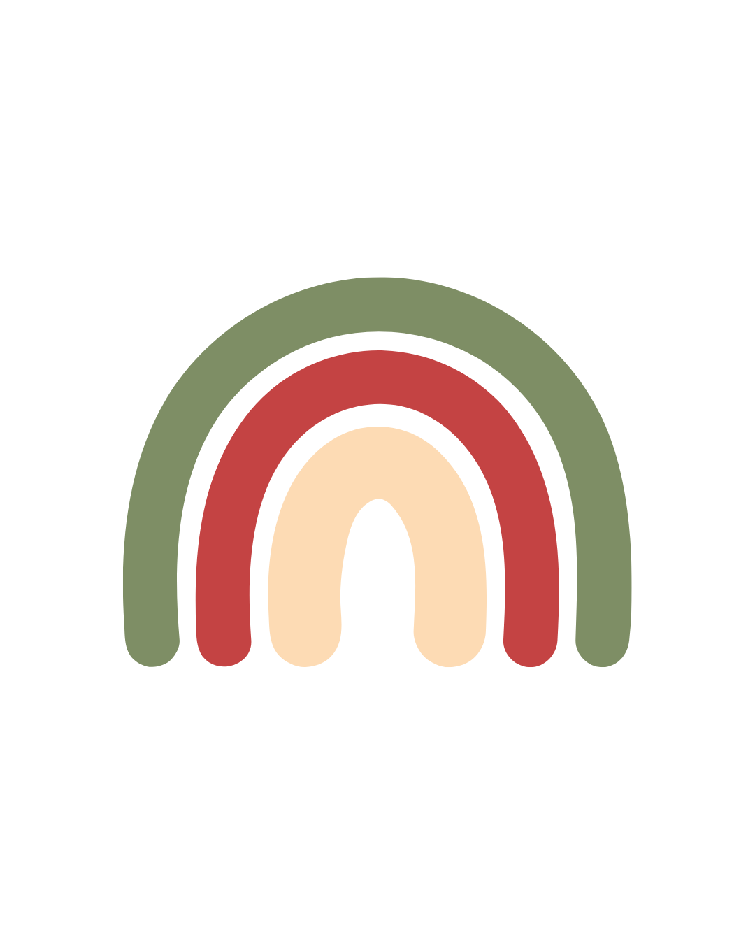 Stylized rainbow with three arches in green, red, and beige colors on a black background.