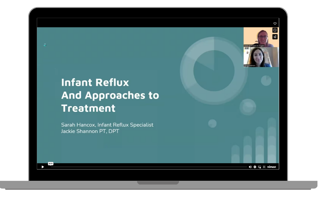 Screenshot of a virtual presentation titled 'Infant Reflux and Approaches to Treatment' with presenters Sarah Hancox and Jackie Shannon visible in small video windows.