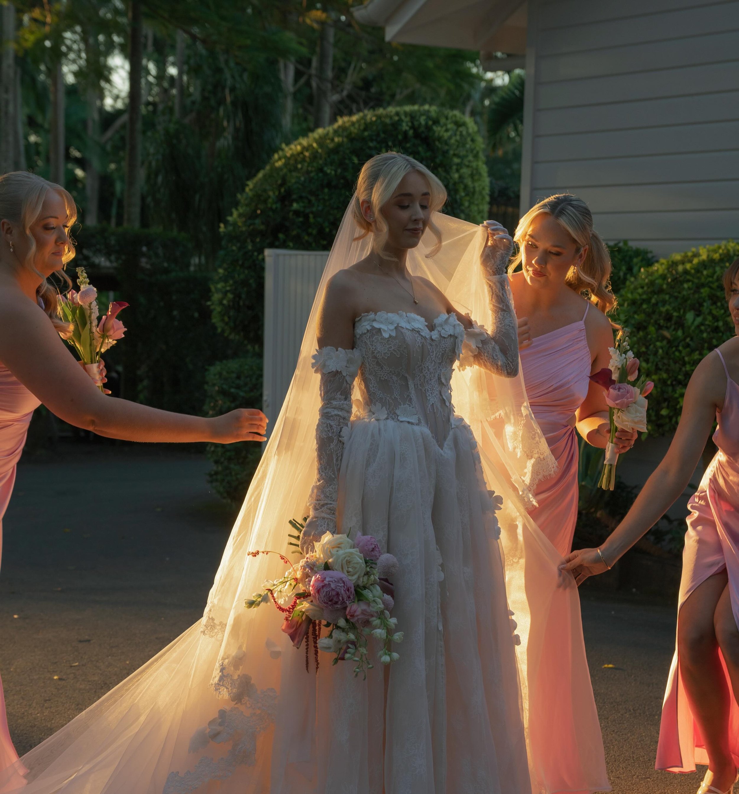 Emily &amp; Ben- Part 1 THE GIRLS. 
Emily and her girls with their mixed season pink bouquets. We sourced some incredible peonies, tulips, hydrangea, roses, fresh hanging amaranthus, phalaenopsis orchids, delphinium and cala lilies. All in tonal pink