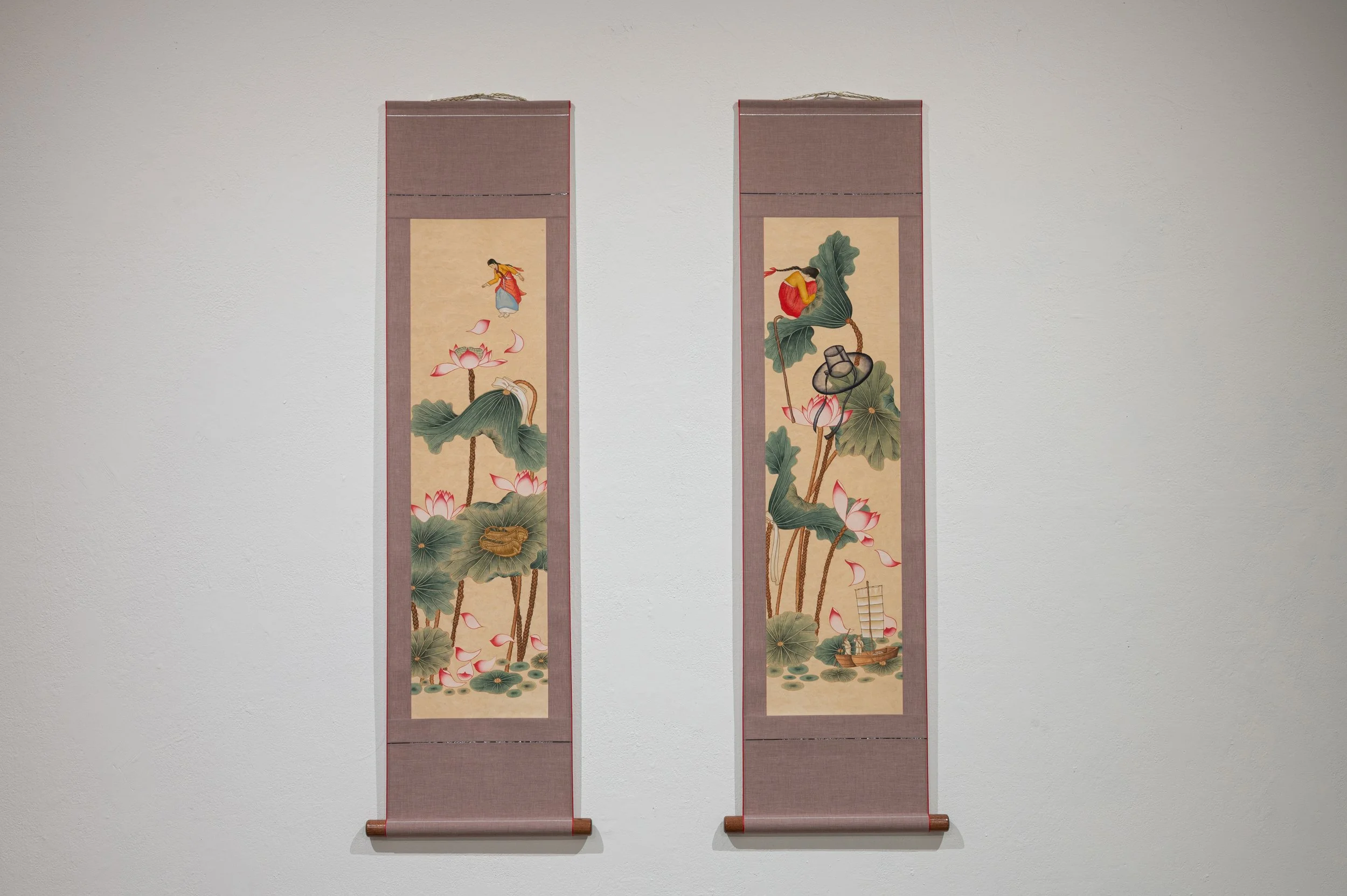 Did I Jump, or Was I Pushed to be a Filial Daughter?, 2025, Korean Pigment on Korean Mulberry Paper, 15 x 58 in each