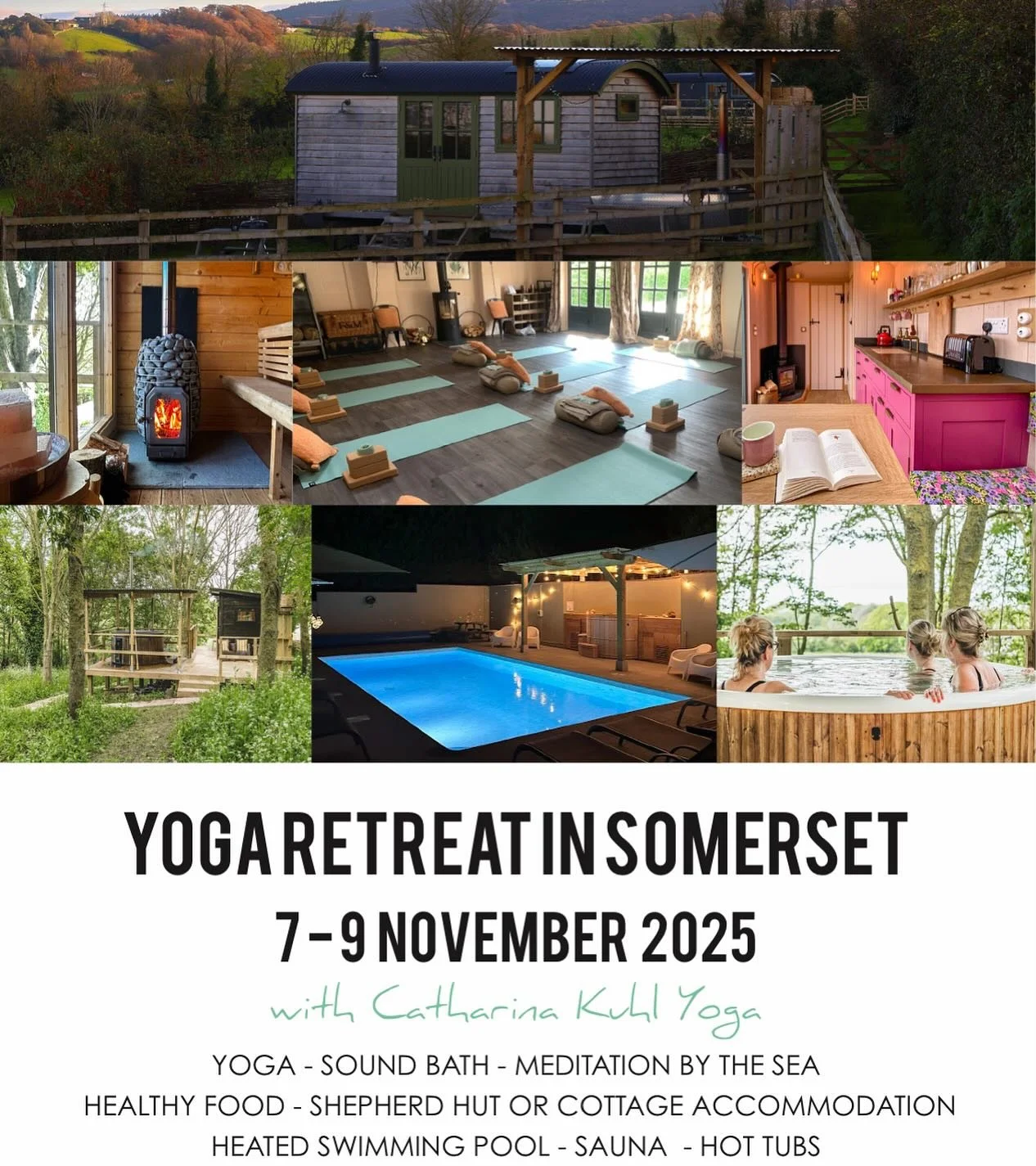 Early bird pricing closes August 15 and a few spots remain! 
Join me for a yoga retreat weekend in Somerset this November. Yoga classes, meditation and sound practices for all levels, beautiful accommodation by the sea, heated outdoor swimming pool, 