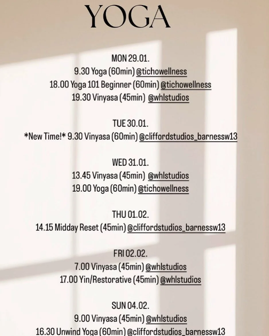 Yoga and his week commencing Mon 29.01.
Lots of smaller and bigger time changes but all the usual classes. See you there!
