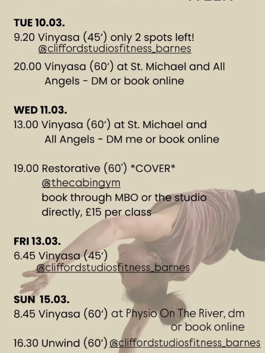Classes this week. Booking links for my independent classes in bio. Please note that in the run up to the Barnes Music Festival the class on Thursday at @stmichaelbarnes will be on Wednesday 11.03 1-2pm instead!
