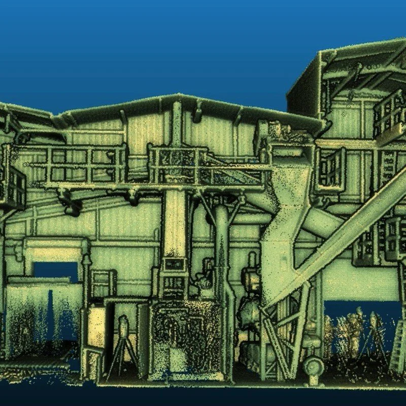 A detailed illustration of a building's exterior structure with structural supports, pipes, and platforms under a clear blue sky.