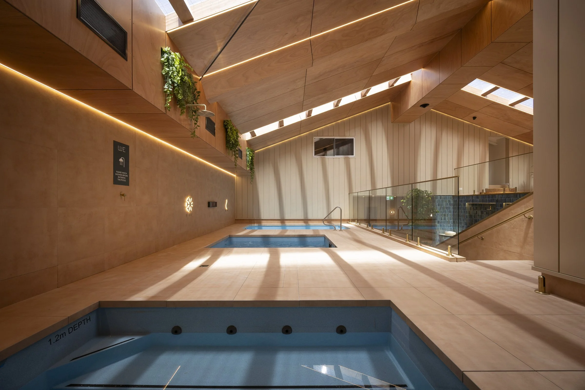 Indoor pool area with two small pools, wooden walls, sloped ceiling with skylights, and green plants, illuminated by natural light.