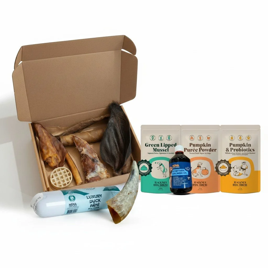 A box containing various dried animal parts, including horns and bones, alongside three pouches labeled 'Green Lipped Mussel,' 'Pumpkin Purée Powder,' and 'Pumpkin & Probiotics,' a bottle of salmon oil, and a tube of duck pâté, all set against a white background.