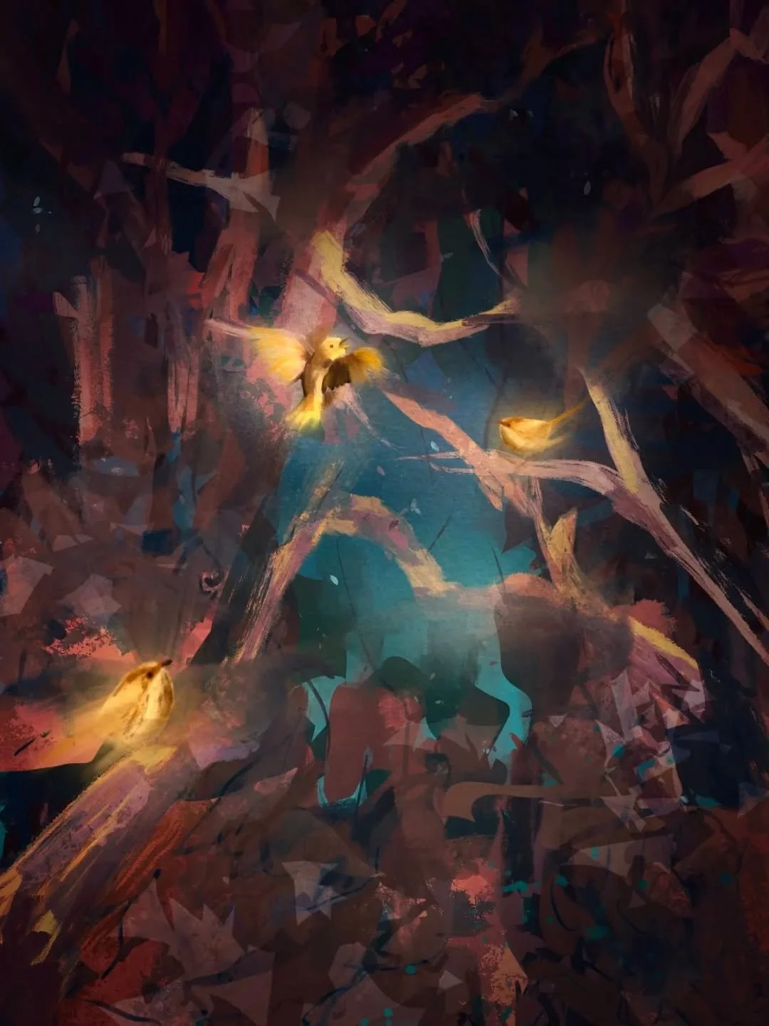 As the sky grew darker, the hollow shone with white light. The birds, ever joyful, pranced and skipped - chirping cheerful invitations for the stars to join them. The stars in turn, sparkled brighter and filled the woods with lilting music, their son