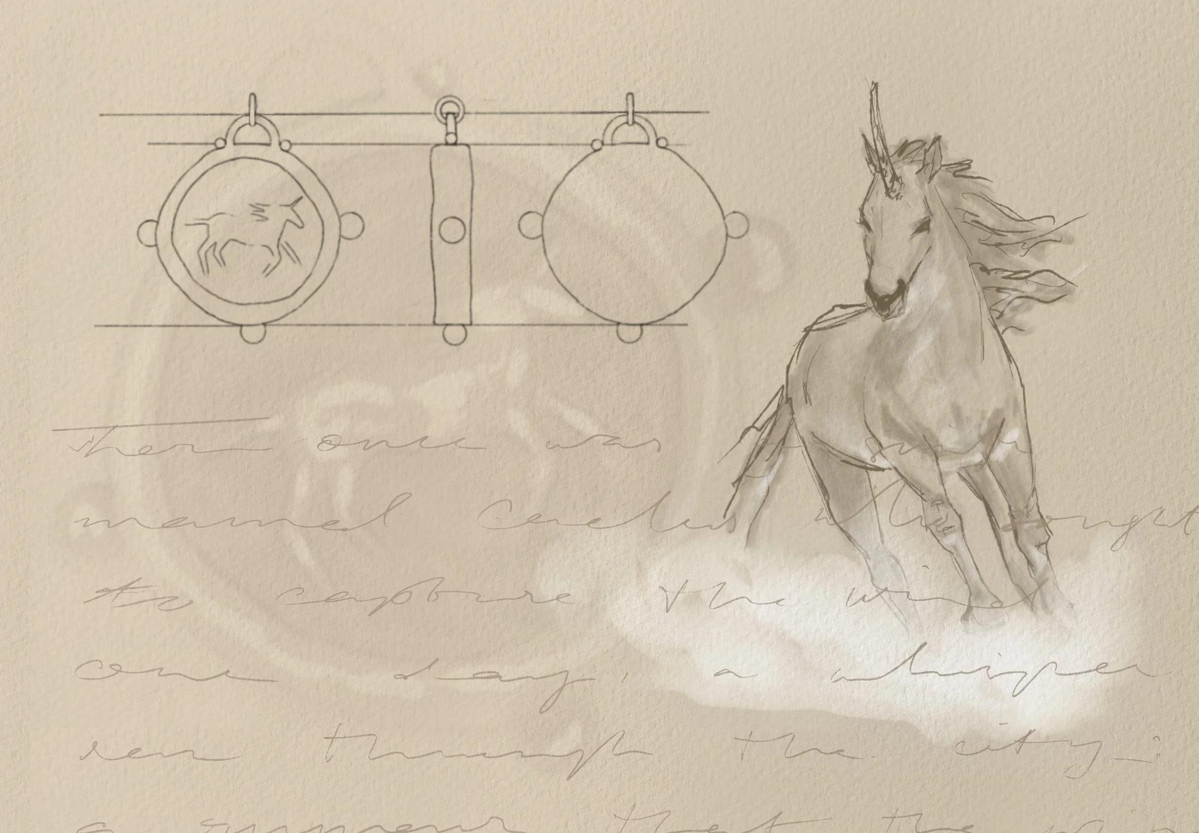 A sketch of three objects hanging from a string and a watercolor illustration of a rearing unicorn with a flowing mane and horn. The background contains faint handwritten text.
