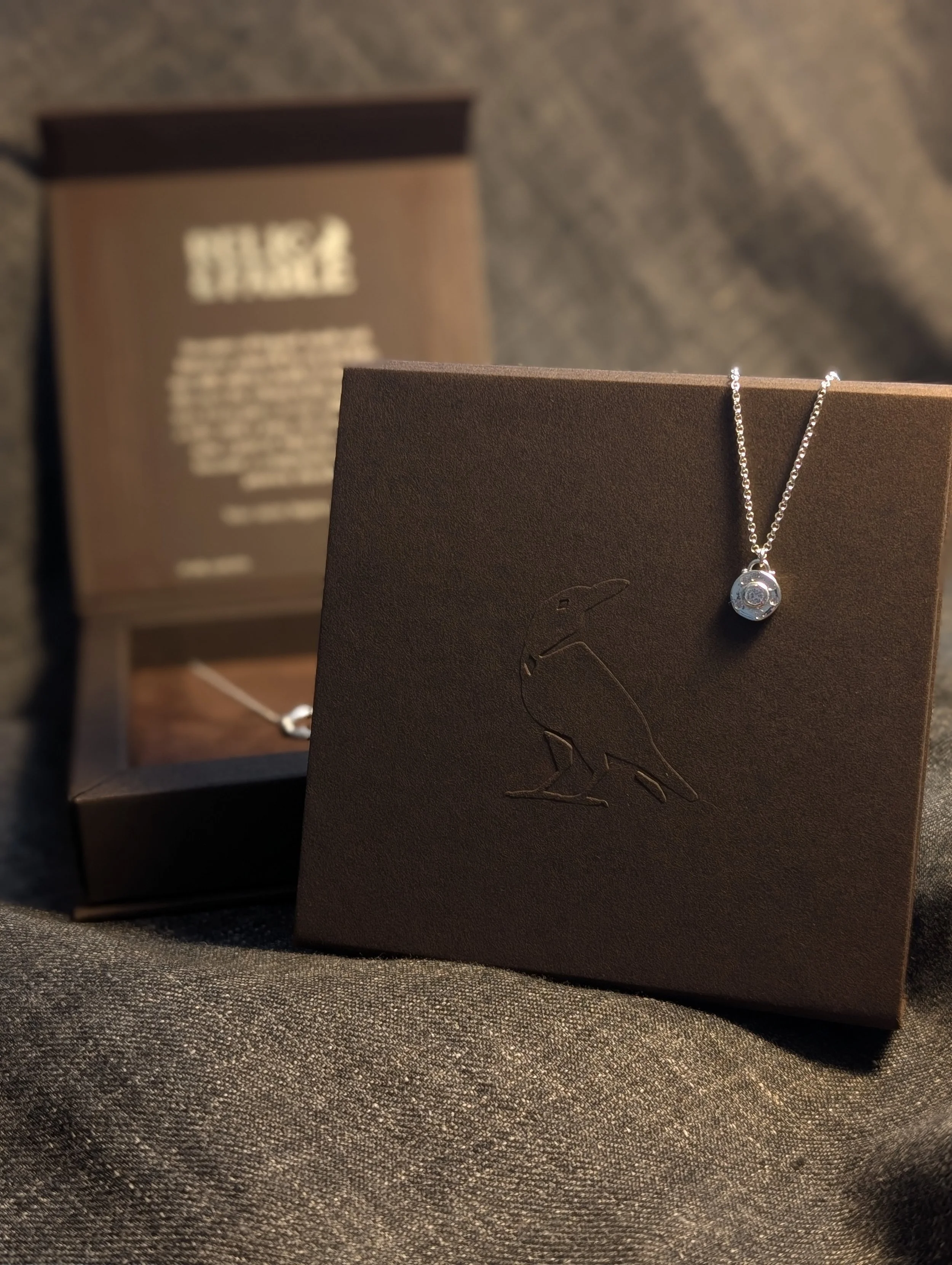 A silver necklace with a round pendant resting on a brown box with a bird logo, with an open box in the background.