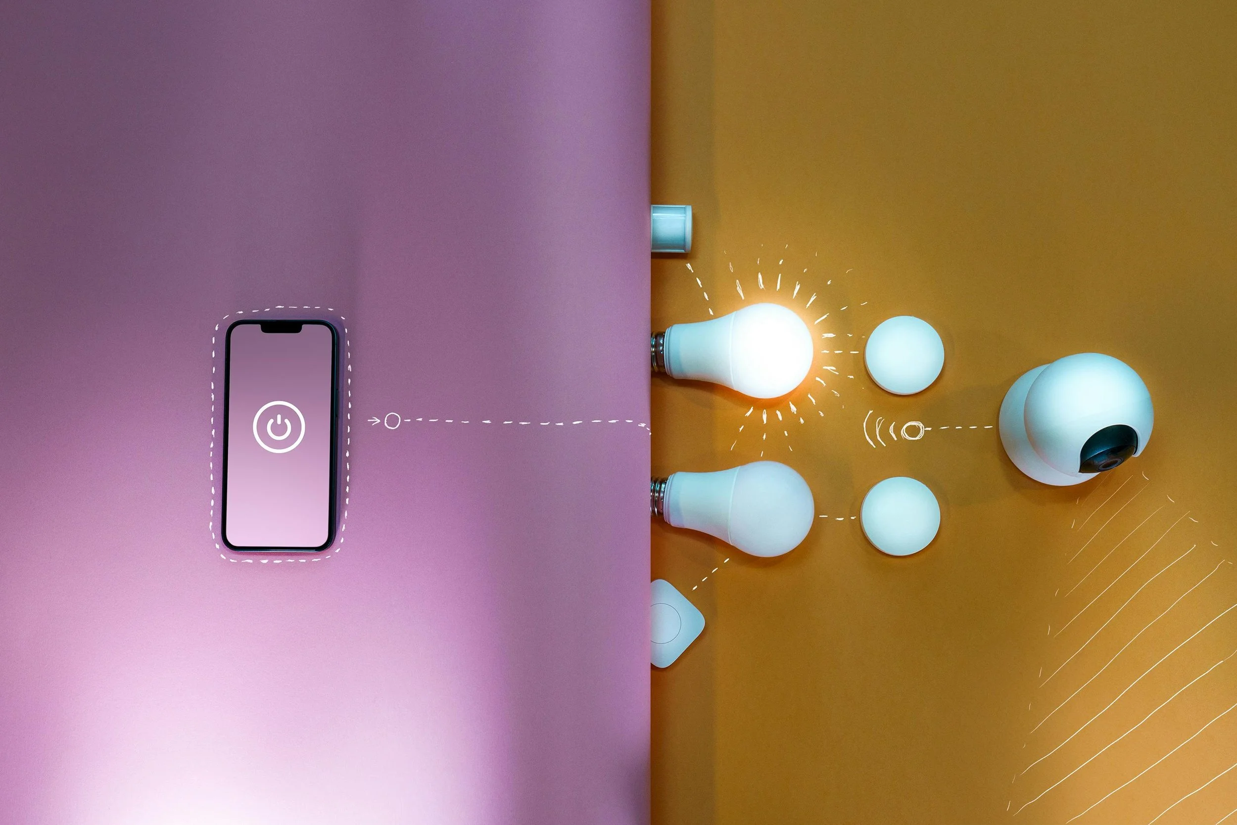 Smartphone controlling smart bulbs and security camera via wireless signals, symbolising smart tech product development.