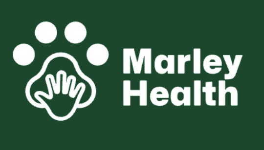 Marley Health logo featuring a paw print with a hand symbol inside, white text on a green background.