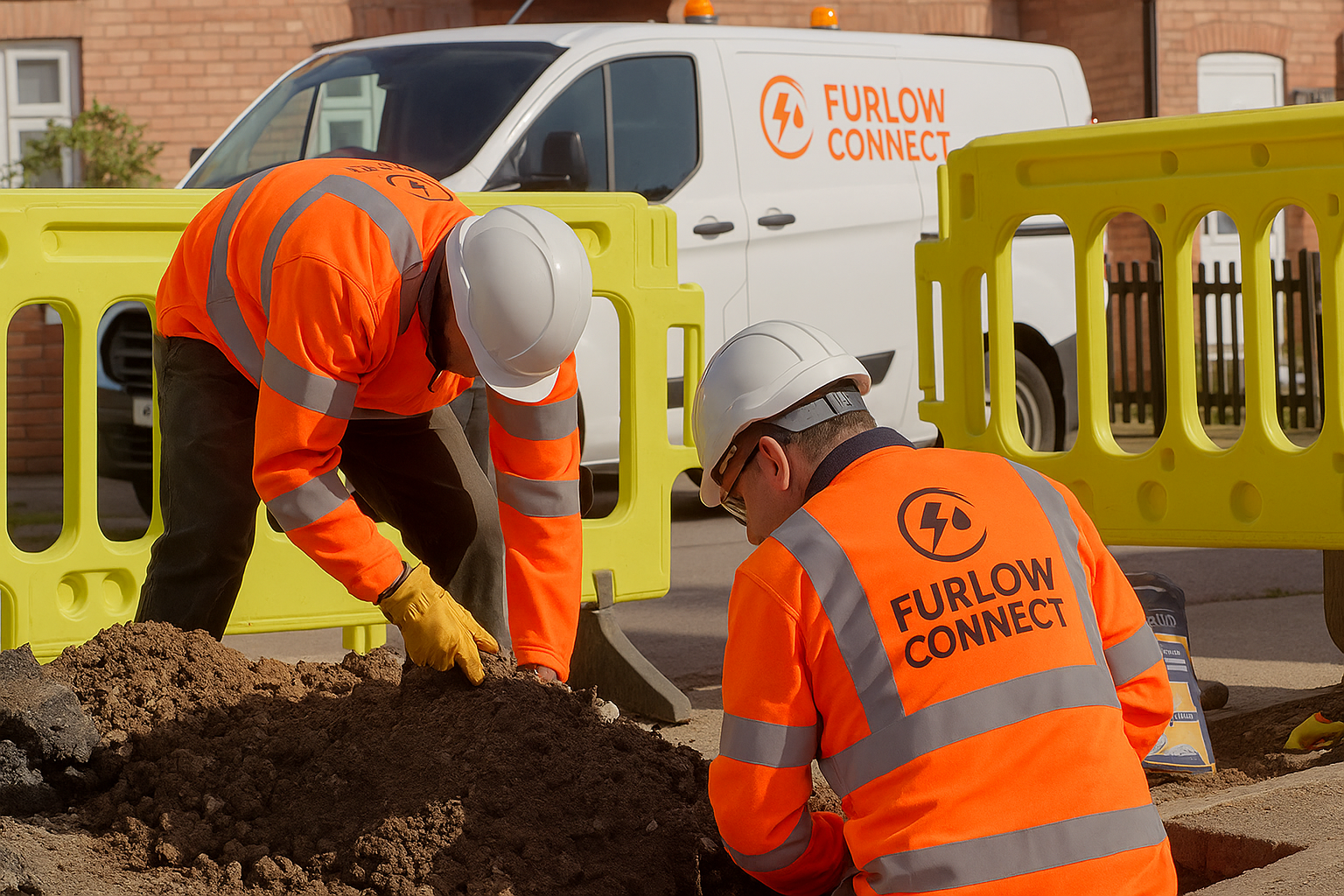 Two construction workers in orange safety jackets and white helmets digging in dirt on a street, with a yellow barrier and a white Furlow Connect service vehicle in the background.