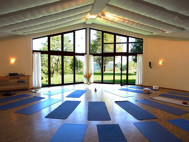 Innenraum eines Yoga-Studios mit großen Fenstern, Yoga-Matten auf dem Boden und einem ruhigen, naturverbundenen Ambiente.
