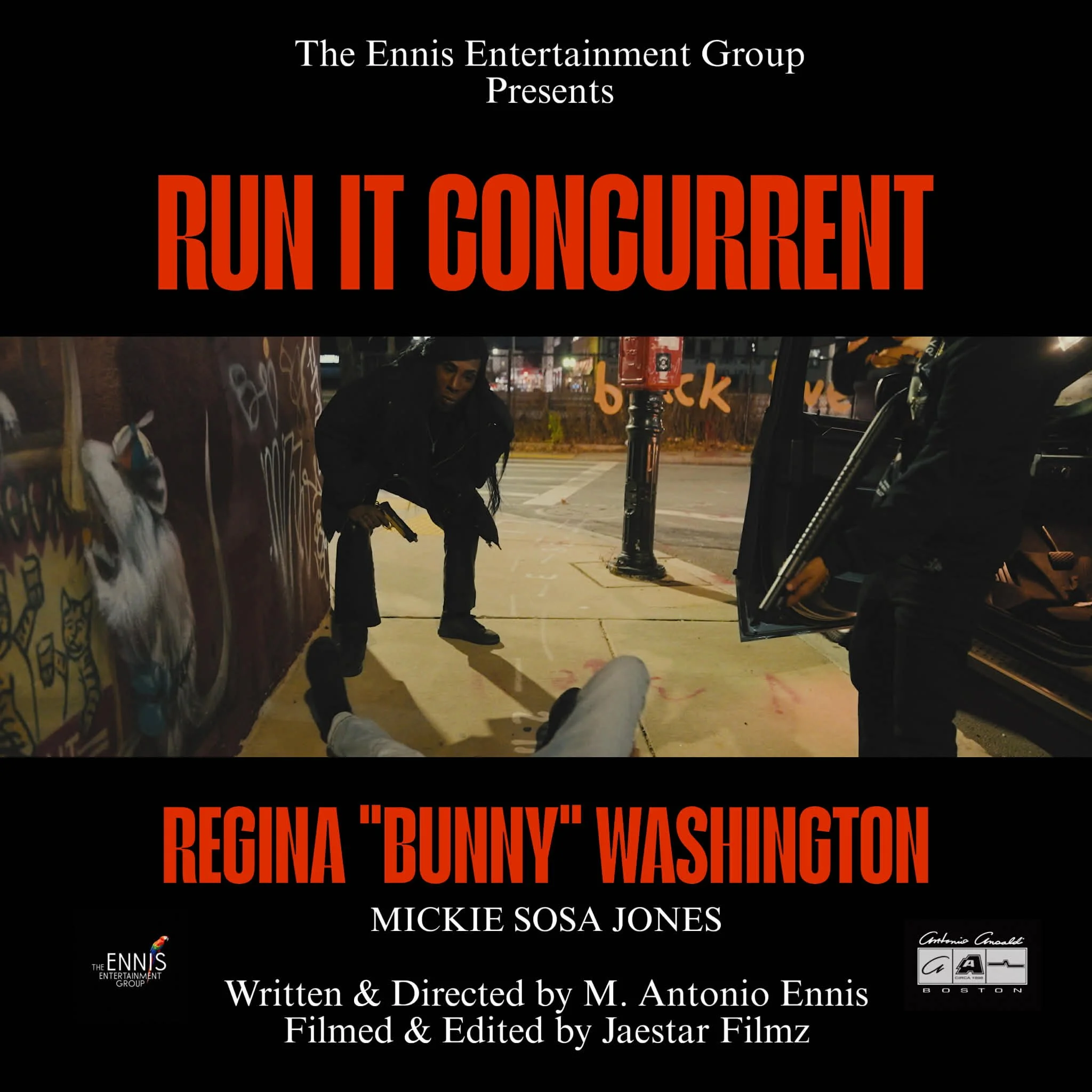 A promotional poster for a film titled 'Run It Concurrent,' presented by The Ennis Entertainment Group. The poster features a nighttime street scene with a woman holding a gun and a person lying on the ground, with graffiti and city lights in the bac