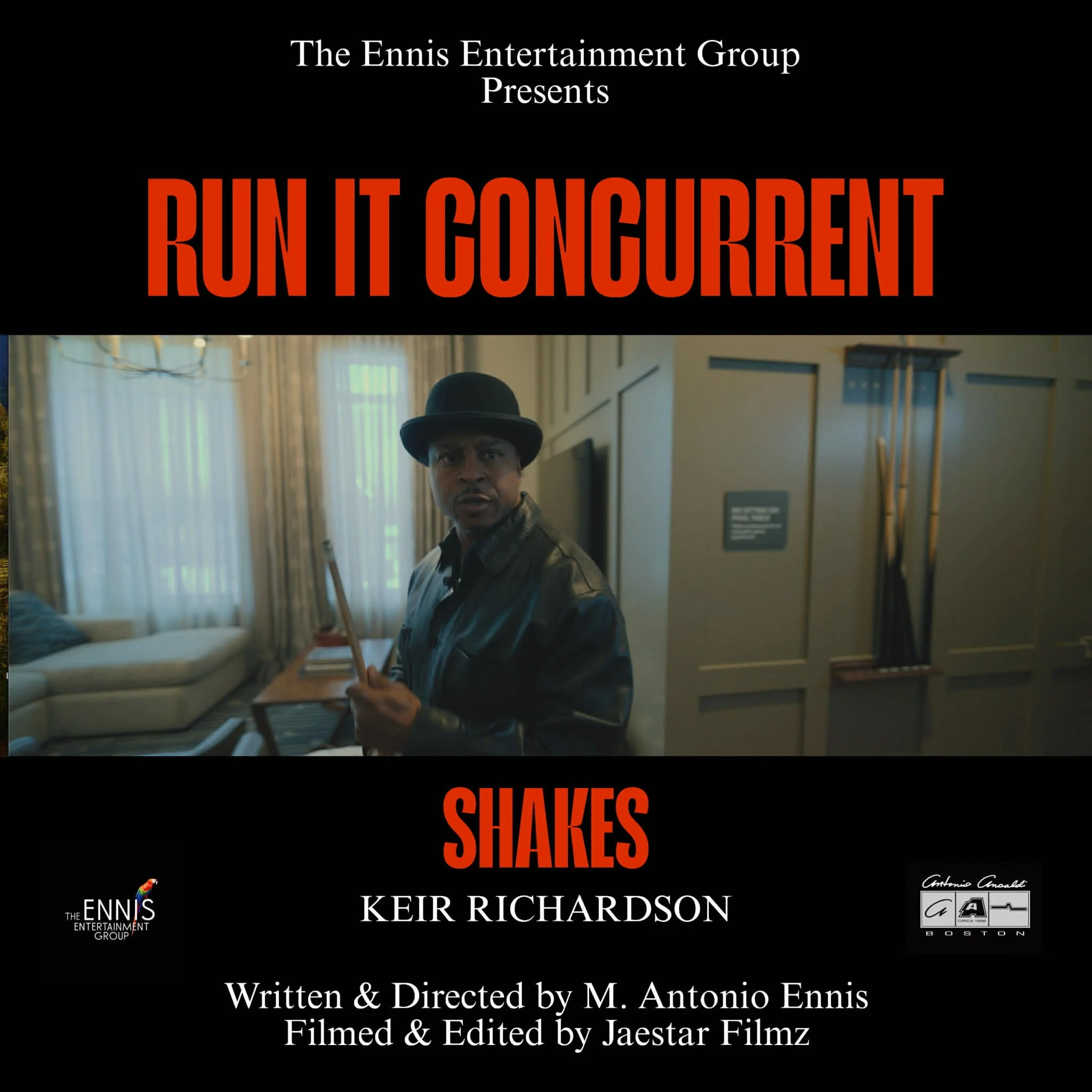 Promotional poster for a production titled 'Run It Concurrent' presented by The Ennis Entertainment Group, starring Keir Richardson, written and directed by M. Antonio Ennis, filmed and edited by Jaestar Filmz. The poster features a man wearing a bla