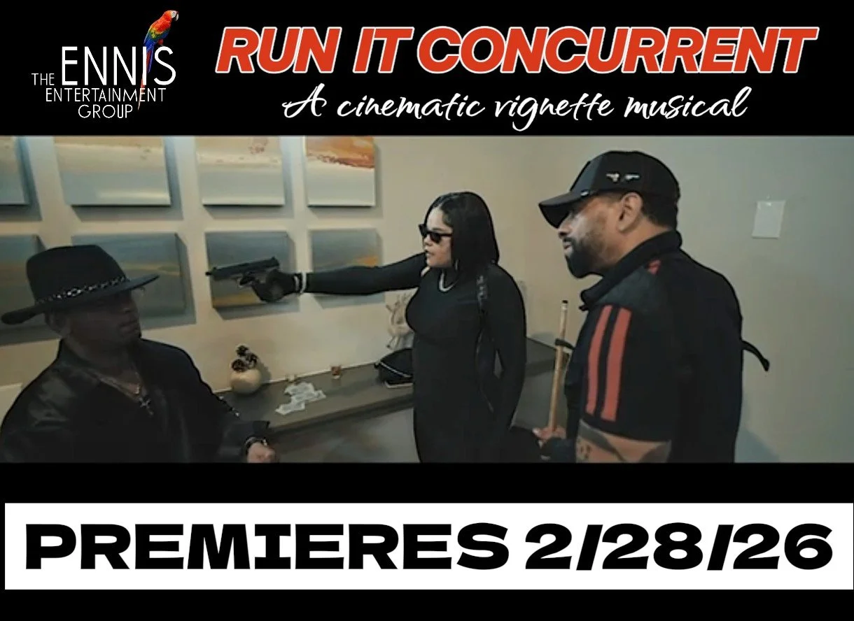 Promotional poster for 'Run It Concurrent,' a cinematic vignette musical, featuring three people in a tense scene with guns, with the release date of February 28, 2026.