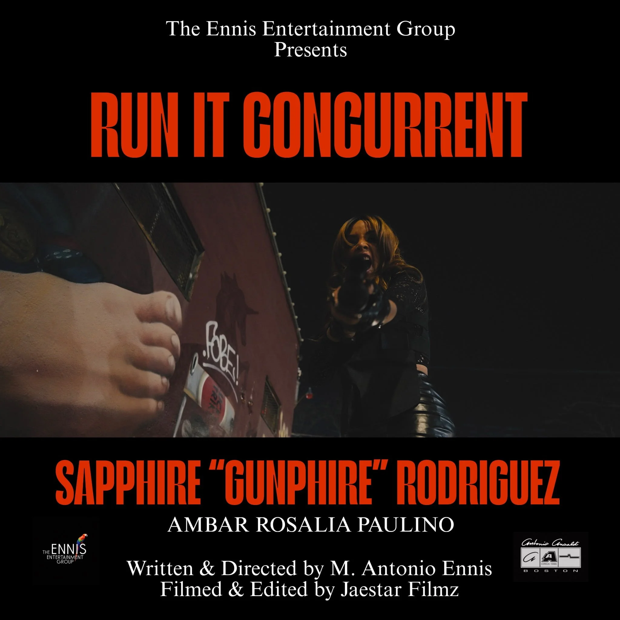 Movie poster titled 'Run It Concurent', presented by The Ennis Entertainment Group, featuring Sapphire 'Gunphire' Rodriguez, with a dark background image of a woman pointing a gun, and text indicating production and direction credits.