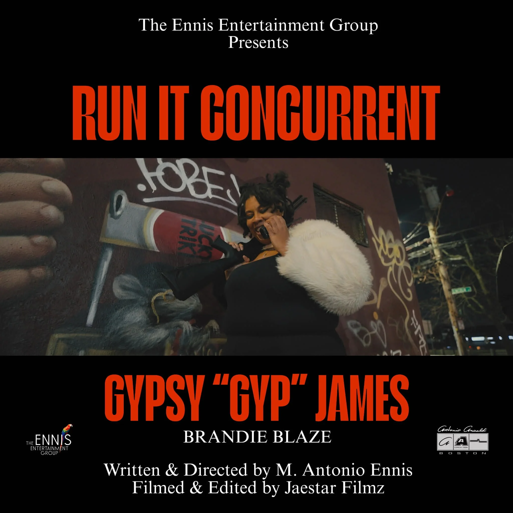 Movie poster for 'Run It Concurrent' featuring Gypsy 'GYP' James, presented by The Ennis Entertainment Group. The poster shows a woman with curly hair, wearing a white furry jacket, holding a microphone and posing in front of graffiti art on a wall.