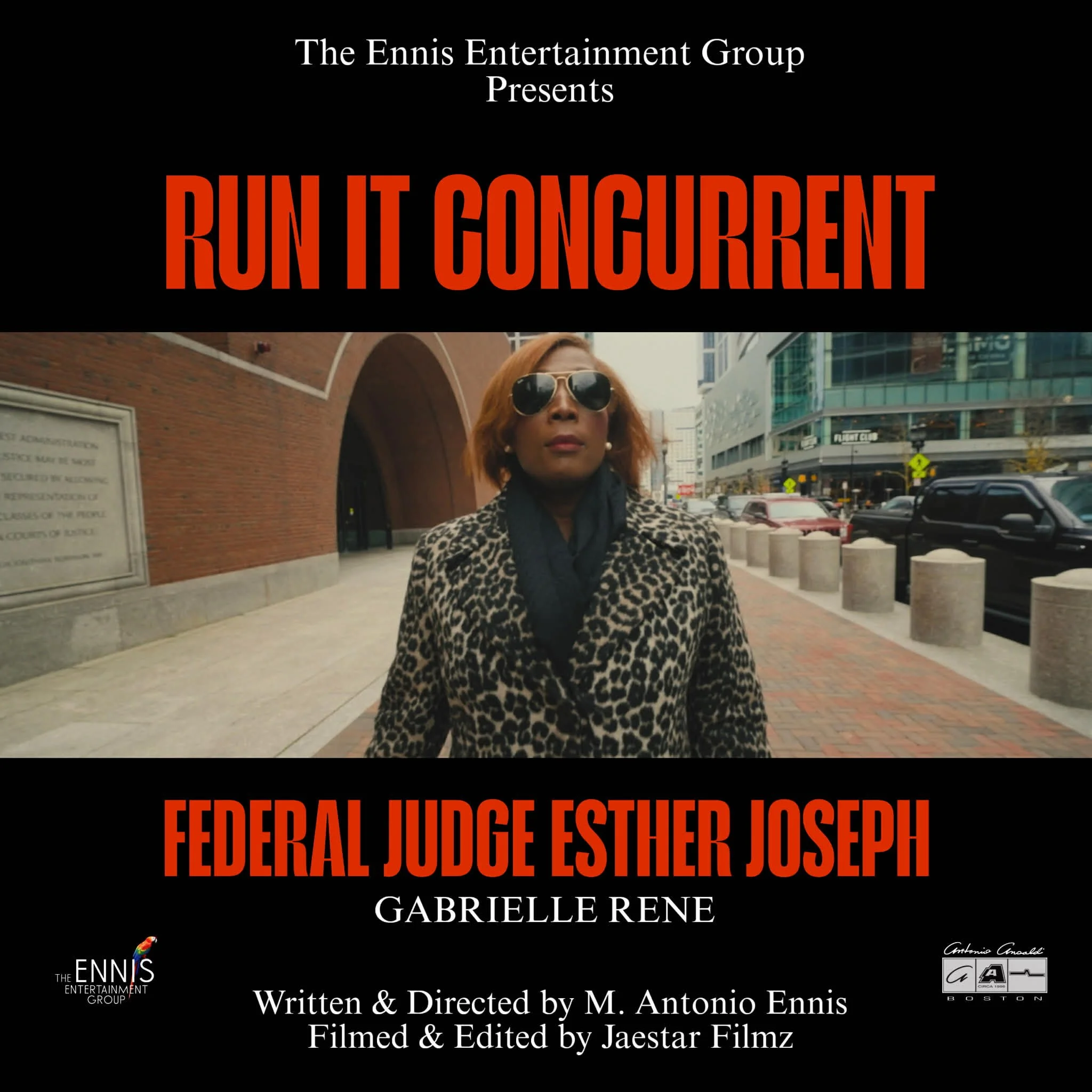 Promotional poster for a play titled "Run It Congrent" presented by The Ennis Entertainment Group, featuring actress Gabrielle Rene as Federal Judge Esther Joseph, with a woman wearing sunglasses and a leopard print coat walking on city sidewalk.