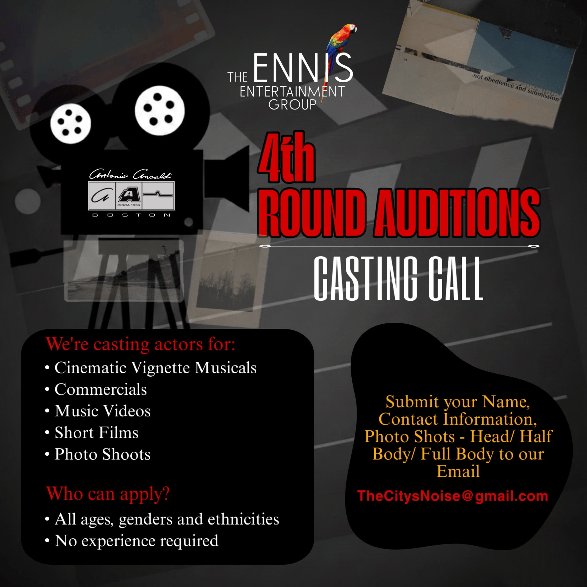 Poster for the 4th round acting audition casting call, conducted by The Ennis Entertainment Group. The poster features a vintage film camera and a parrot on top. It invites actors of all ages, genders, and ethnicities, with no experience required, to submit their name, contact info, and photos via email to TheCitysNoise@gmail.com for roles in cinematic musicals, commercials, music videos, short films, and photo shoots.