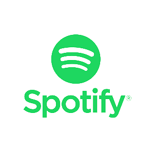 Spotify logo with green circle and white sound wave icon, and the word 'Spotify' in green text.