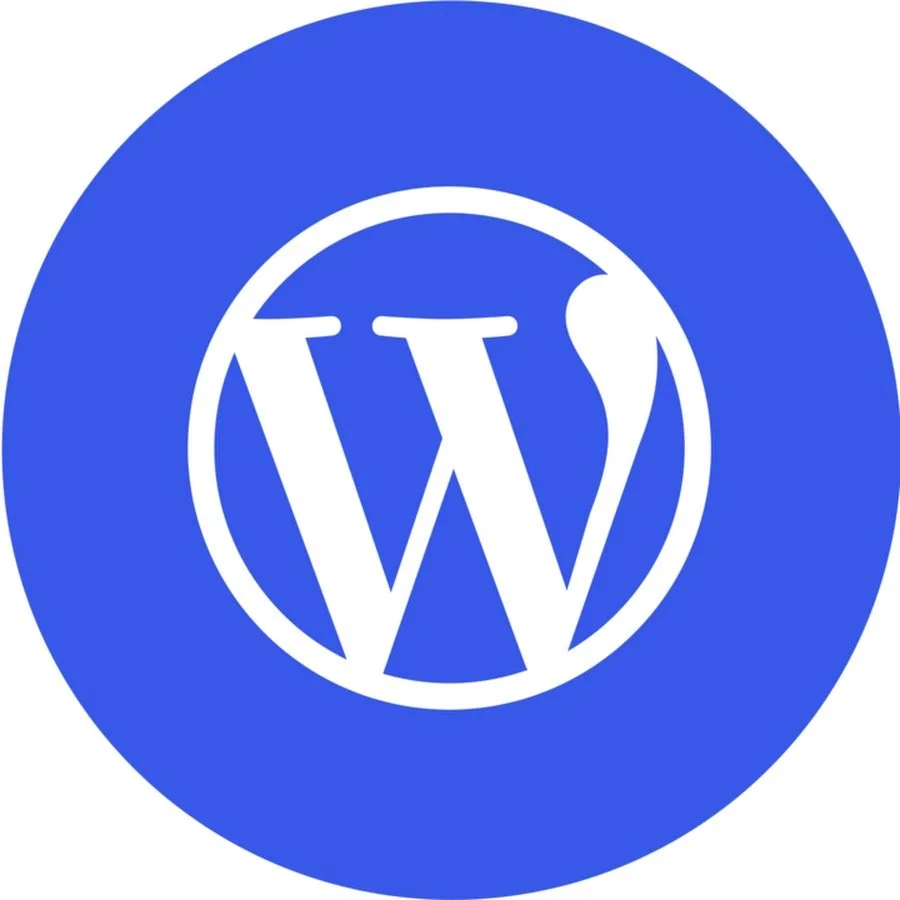 WordPress logo in white on a blue circular background.