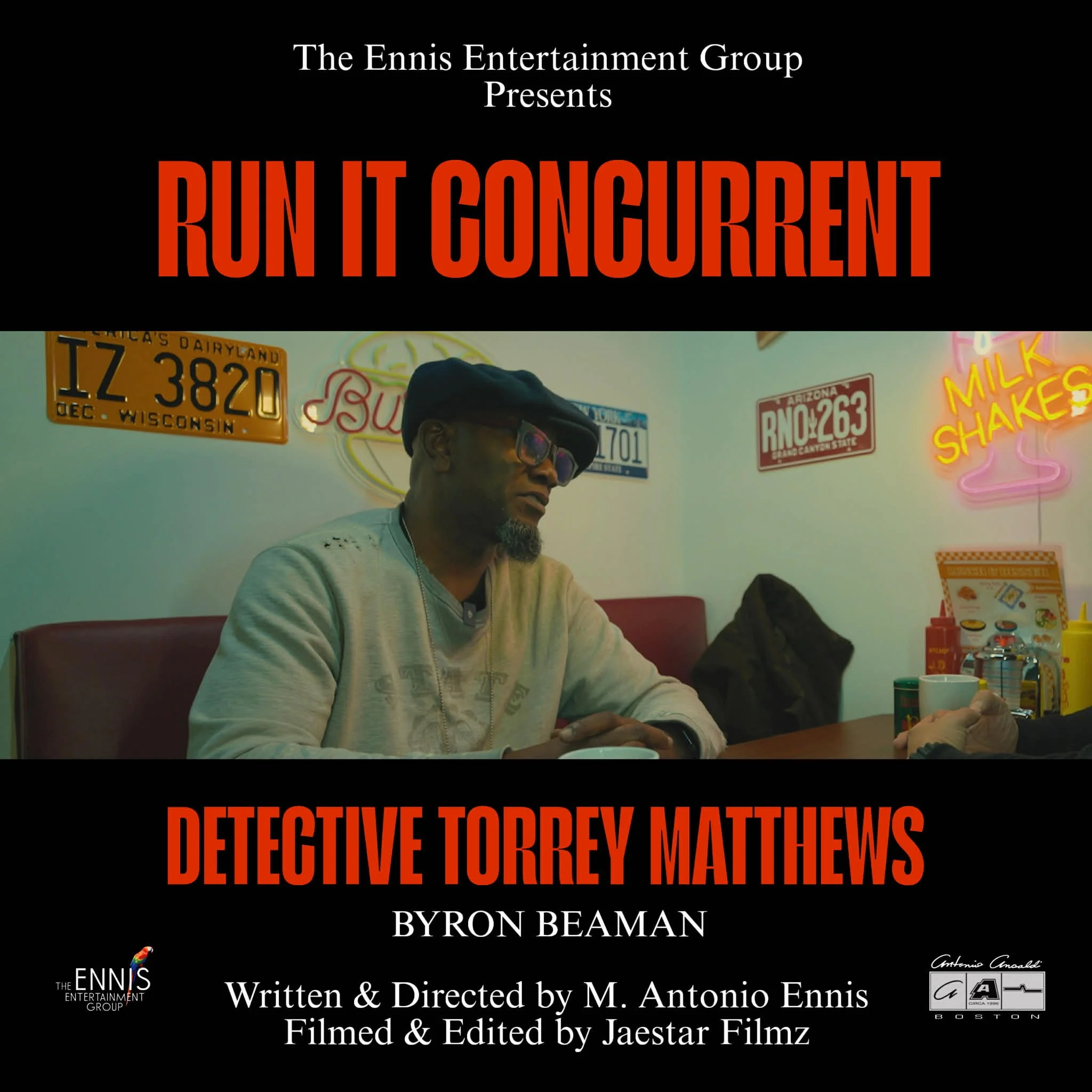 Movie poster for 'Run It Concurent' featuring Detective Torrey Matthews, with a man sitting in a restaurant with license plates and neon signs on the wall behind him.