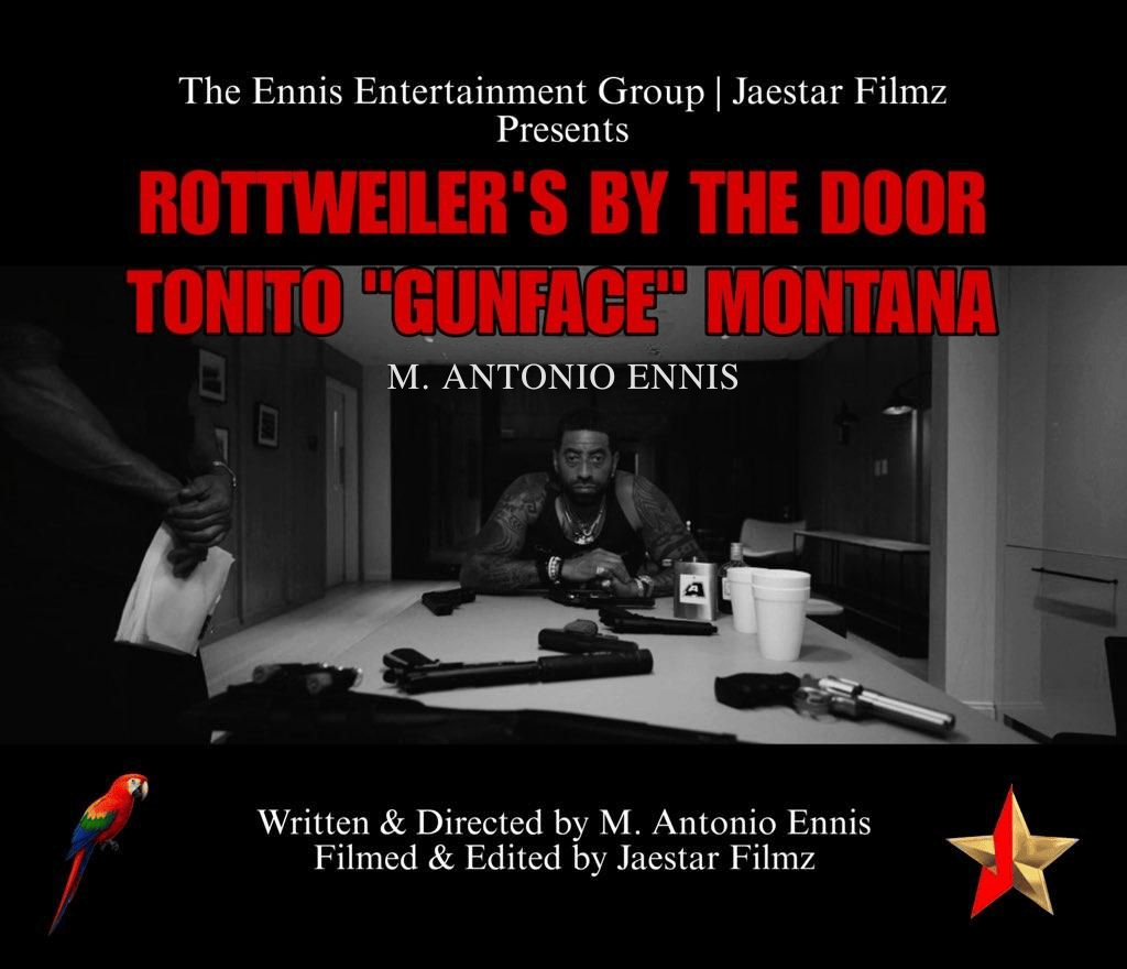 Movie poster for 'Rottweiler's by the Door,' directed by M. Antonio Ennis, featuring a man sitting at a table with guns in front of him, with a parrot on the bottom left and a gold star on the bottom right.