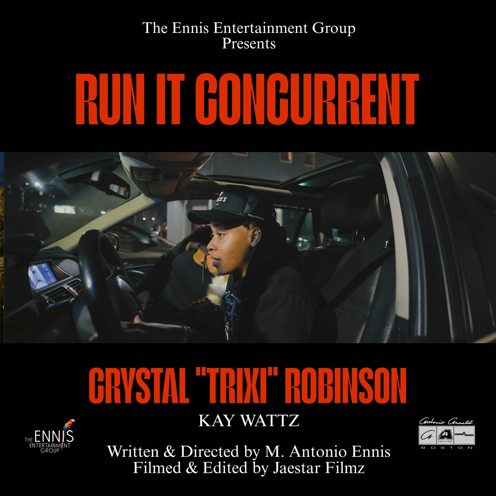 Movie poster for 'Run It Congurent' starring Crystal 'Trixi' Robinson, with a woman sitting in a car at night, wearing a black cap and black hoodie, with production credits at the bottom.