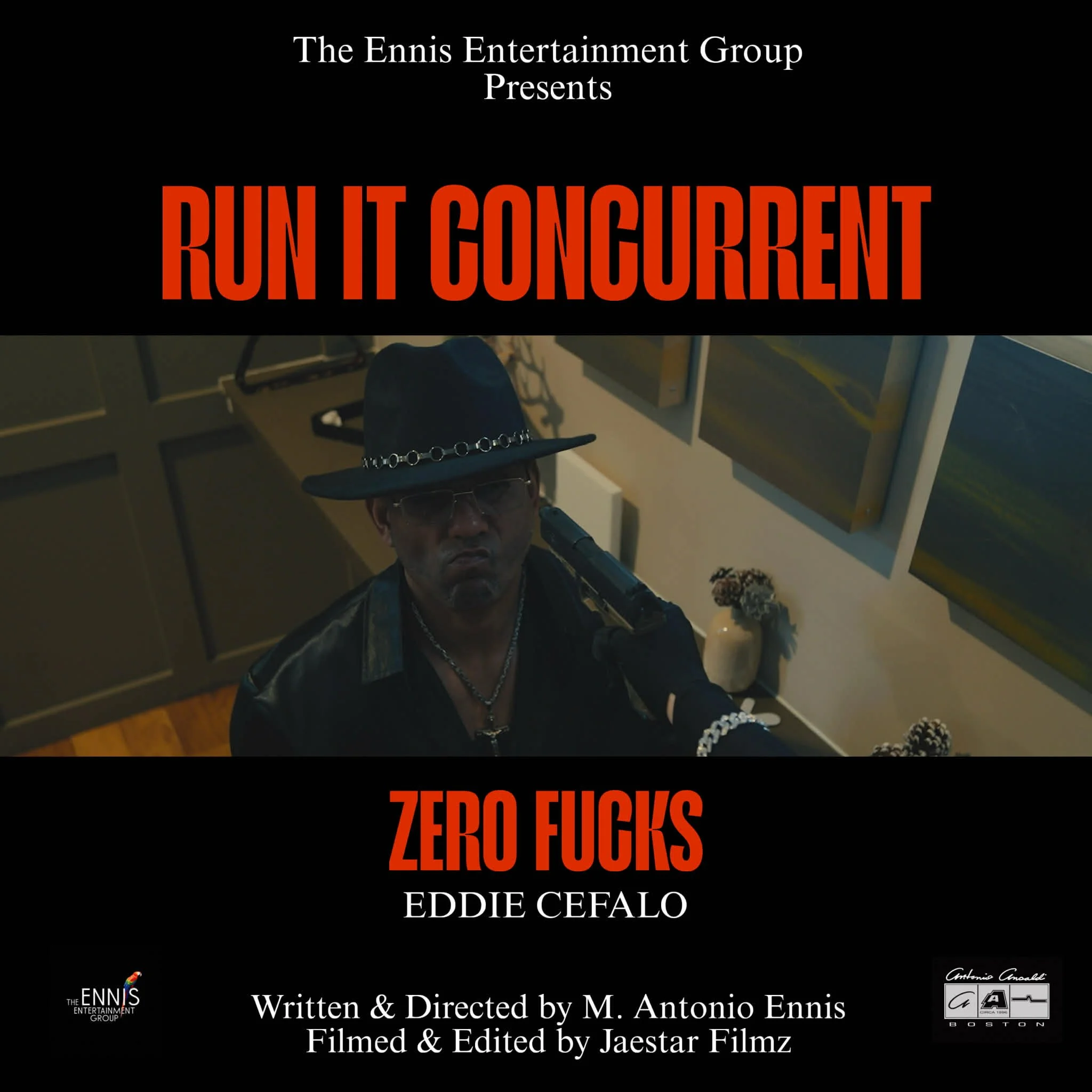 Poster for the film 'Run It Concurrent' featuring Eddie Cefalo with dark background, bold red and white text, and a man wearing a wide-brimmed hat, glasses, and leather jacket, holding a gun to his temple.