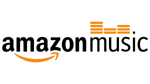 Amazon Music logo with black text and orange arrow beneath 'amazon' on a white background.