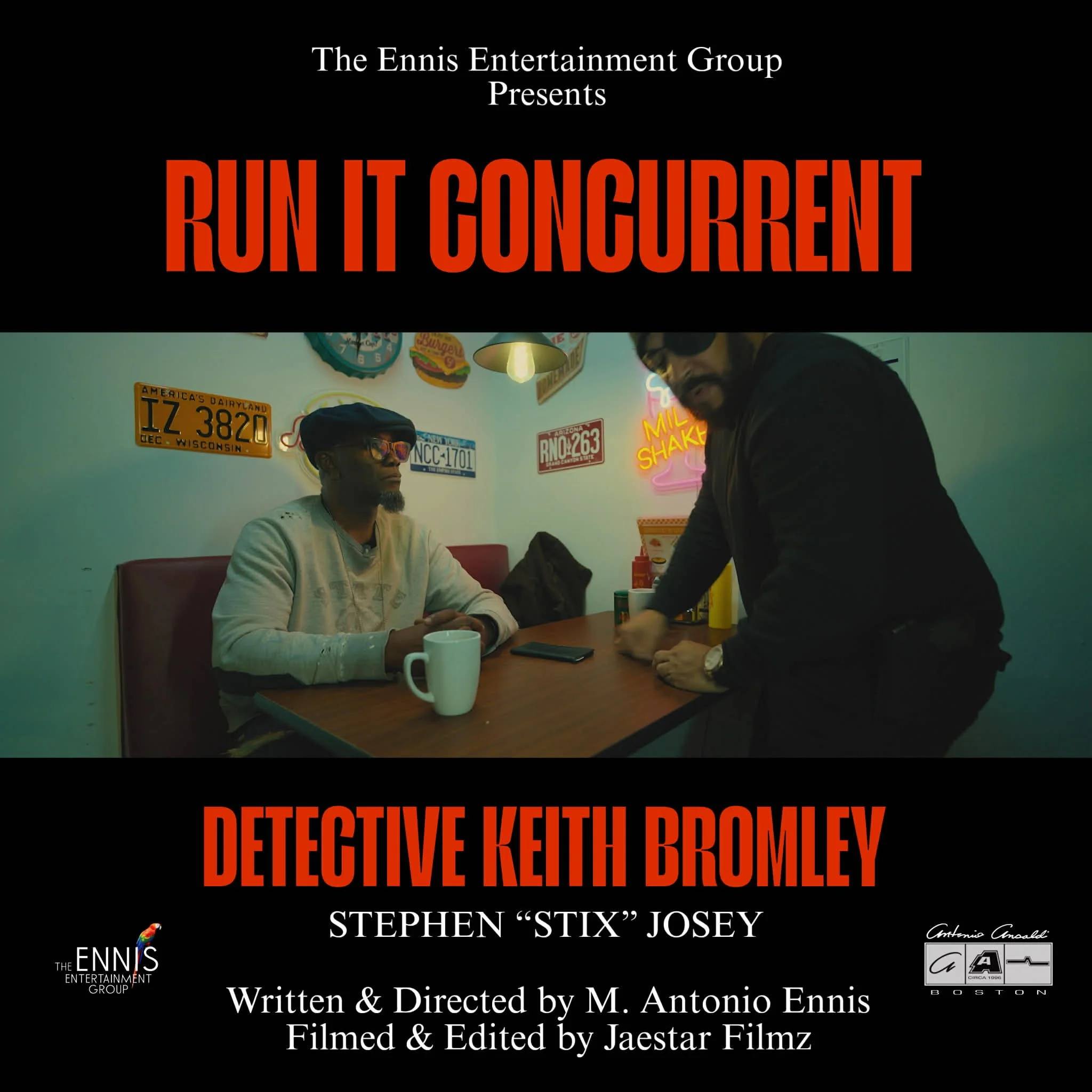 Movie poster for 'Run It Congurrent,' featuring Detective Keith Bromley, with a scene of two men in a diner, one sitting at a table with a cup and the other standing.
