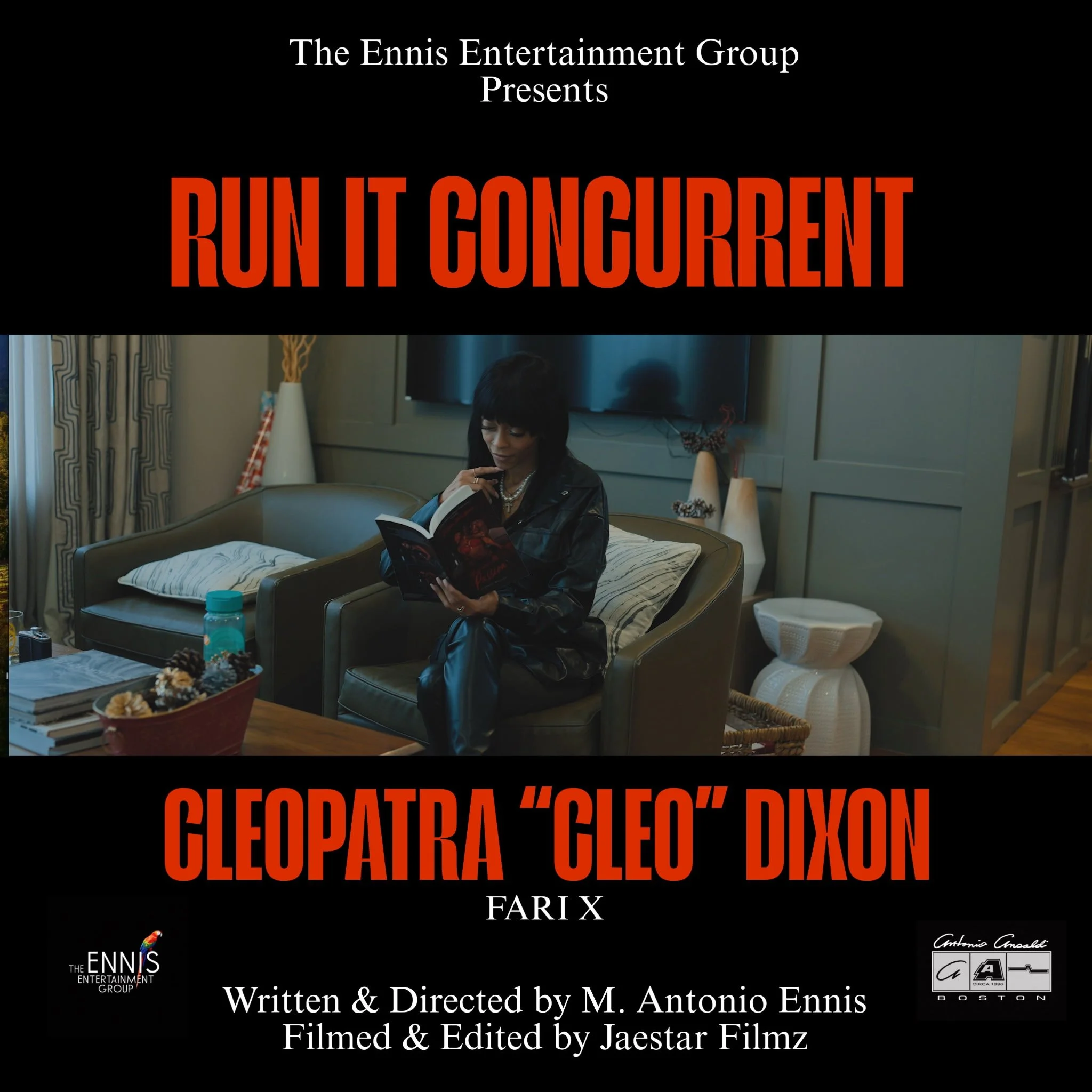 Promotional poster for a production by The Ennis Entertainment Group titled "Run It Congruent." The poster features a woman sitting in a living room reading a book, with text indicating Cleopatra Dixon is involved. The poster includes the group’s log