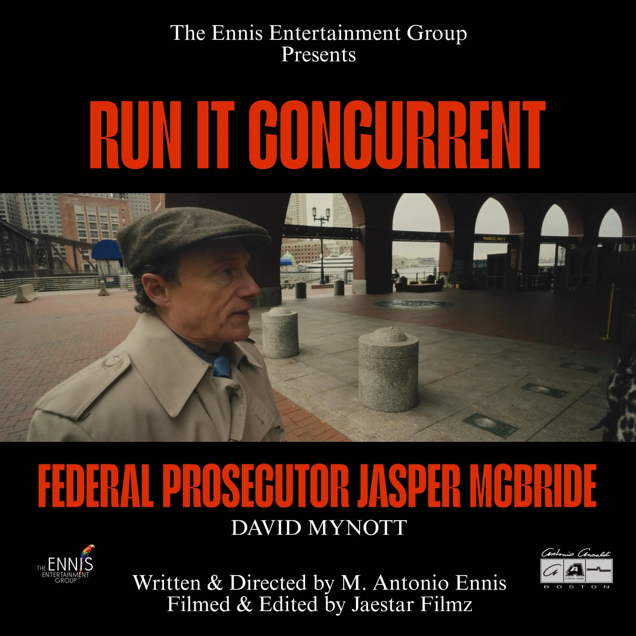 Movie poster for 'Run It Concurrent', presented by The Ennis Entertainment Group, featuring federal prosecutor Jasper McBride, with a scene of a man in a trench coat and hat standing outside near the waterfront with city buildings in the background.