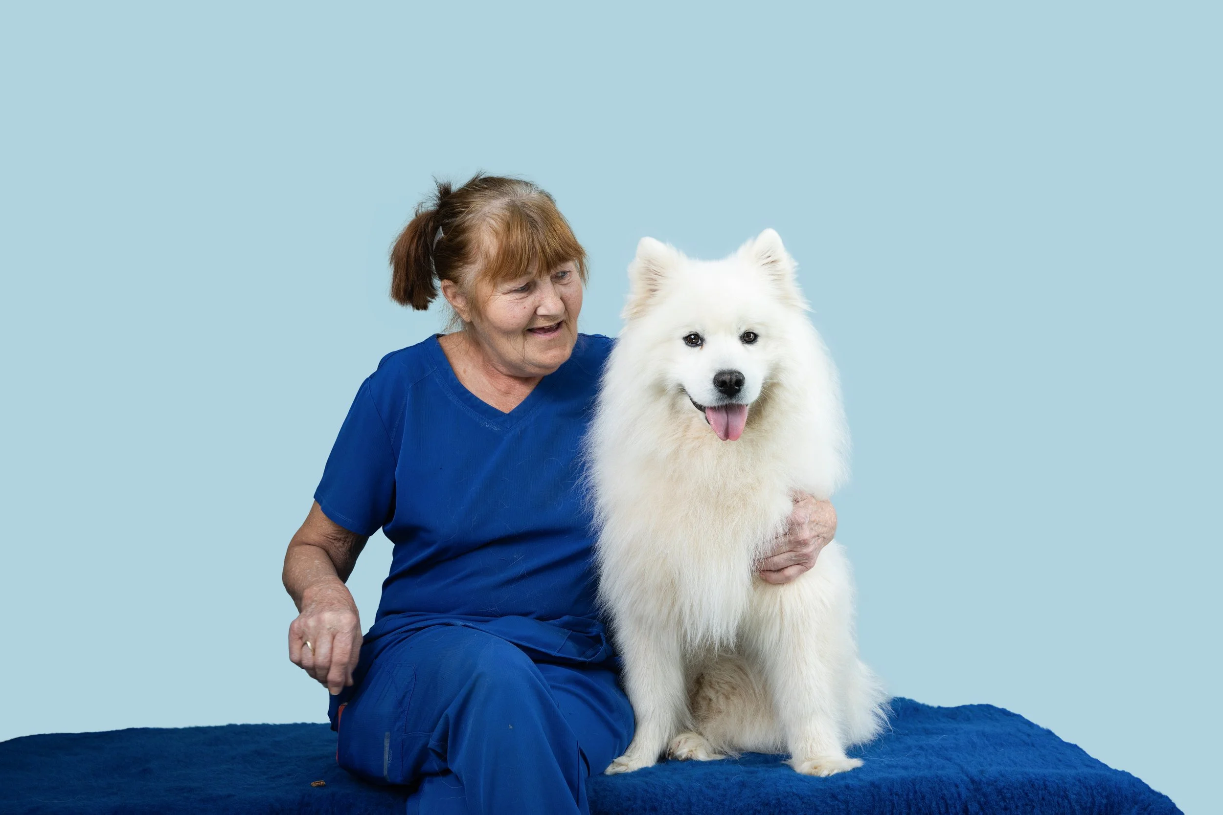 A female groomer in blue scrubs with short brown hair styled in pigtails, holding a fluffy white dog with a thick coat and tongue out, sitting on a dark blue mat against a light blue background.
