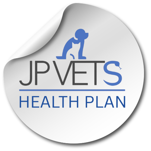 Logo of JP VETS Health Plan with a blue dog silhouette on top, featuring the text 'JP VETS' and 'Health Plan' underneath.
