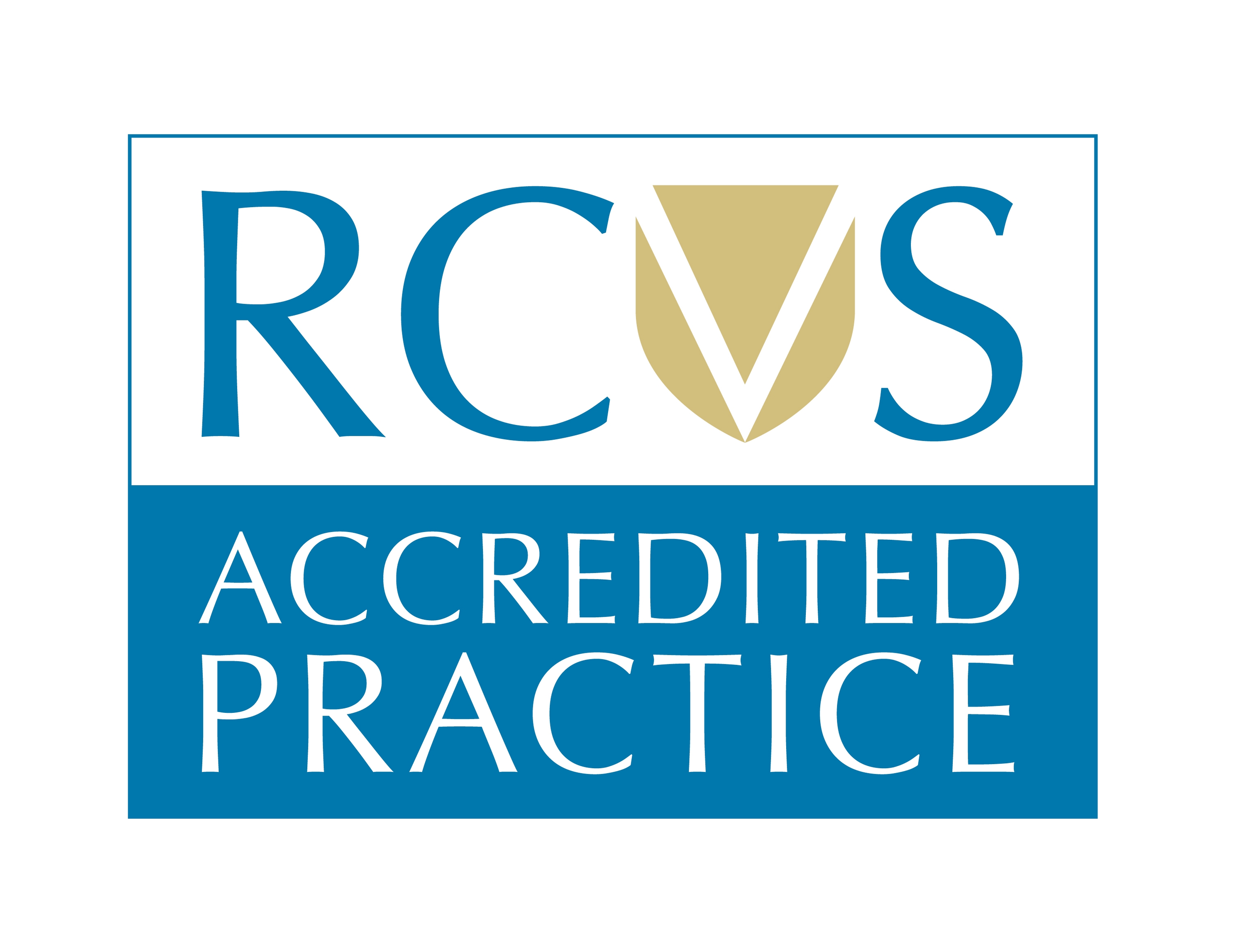 RCVS Accredited Practice logo with blue and gold design elements.
