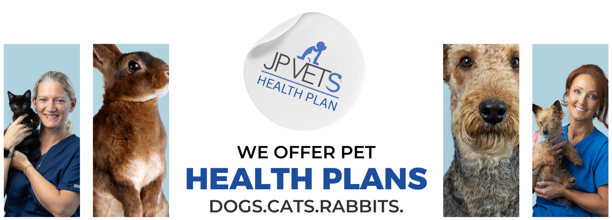 Banner advertising pet health plans for dogs, cats, and rabbits, featuring images of pet owners with their pets and the JPETS Health Plan logo.