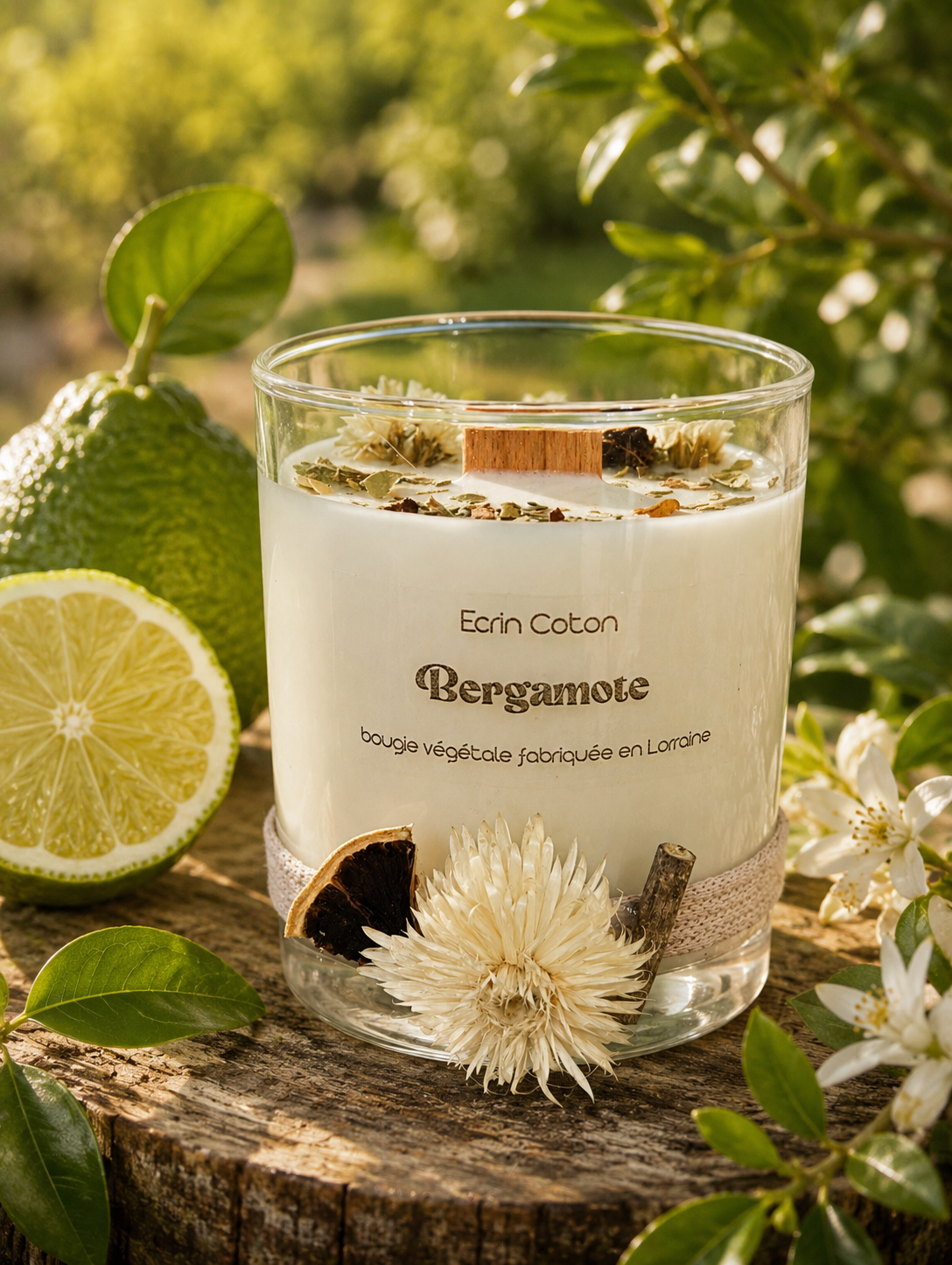 Bougie végétale Bergamote avec des éléments naturels, comme des fleurs, des feuilles de citron vert, et des éléments de bois, sur une table en bois, avec un fond naturel