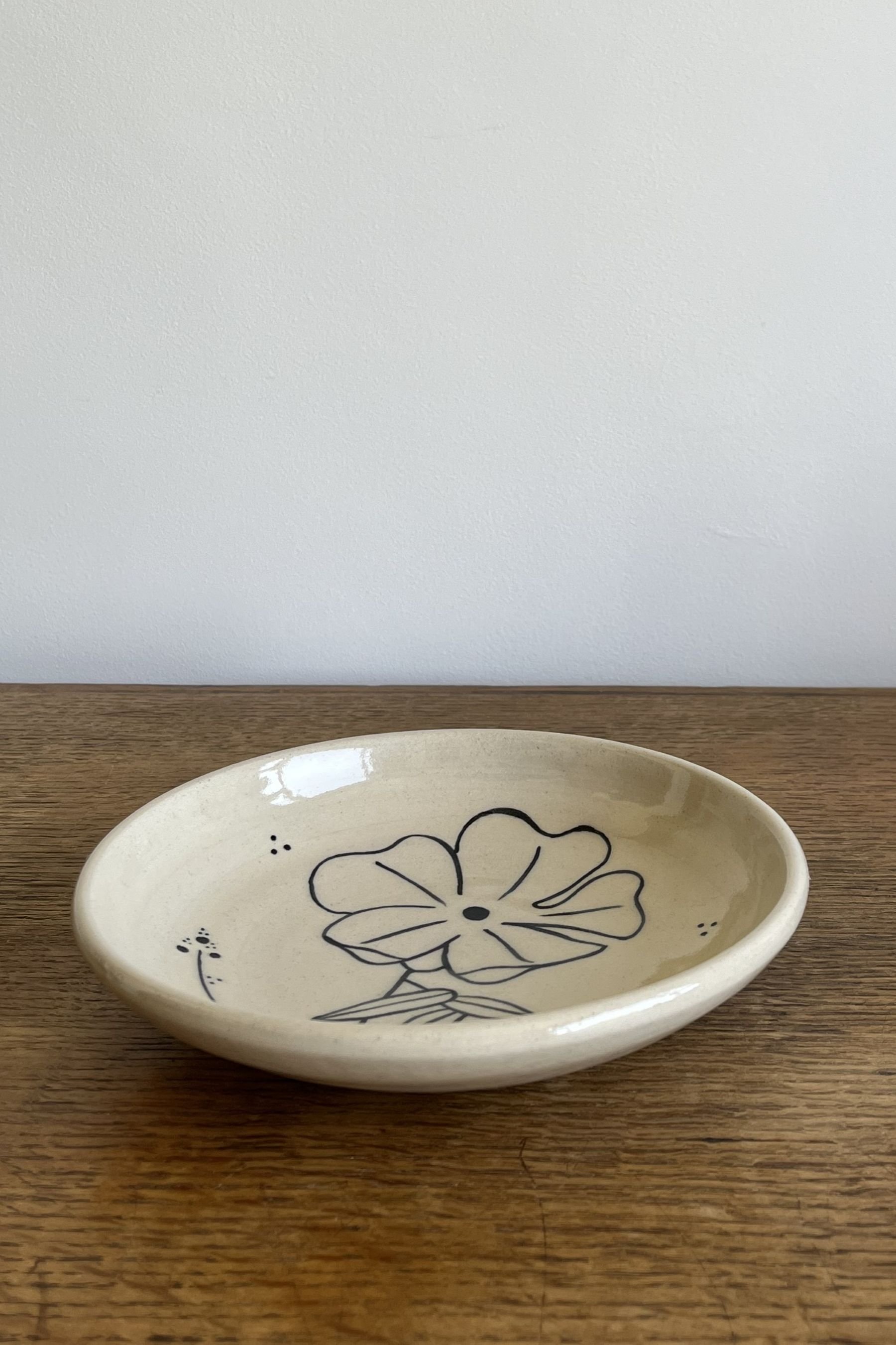 Handmade Stoneware Dish with Flower Design.