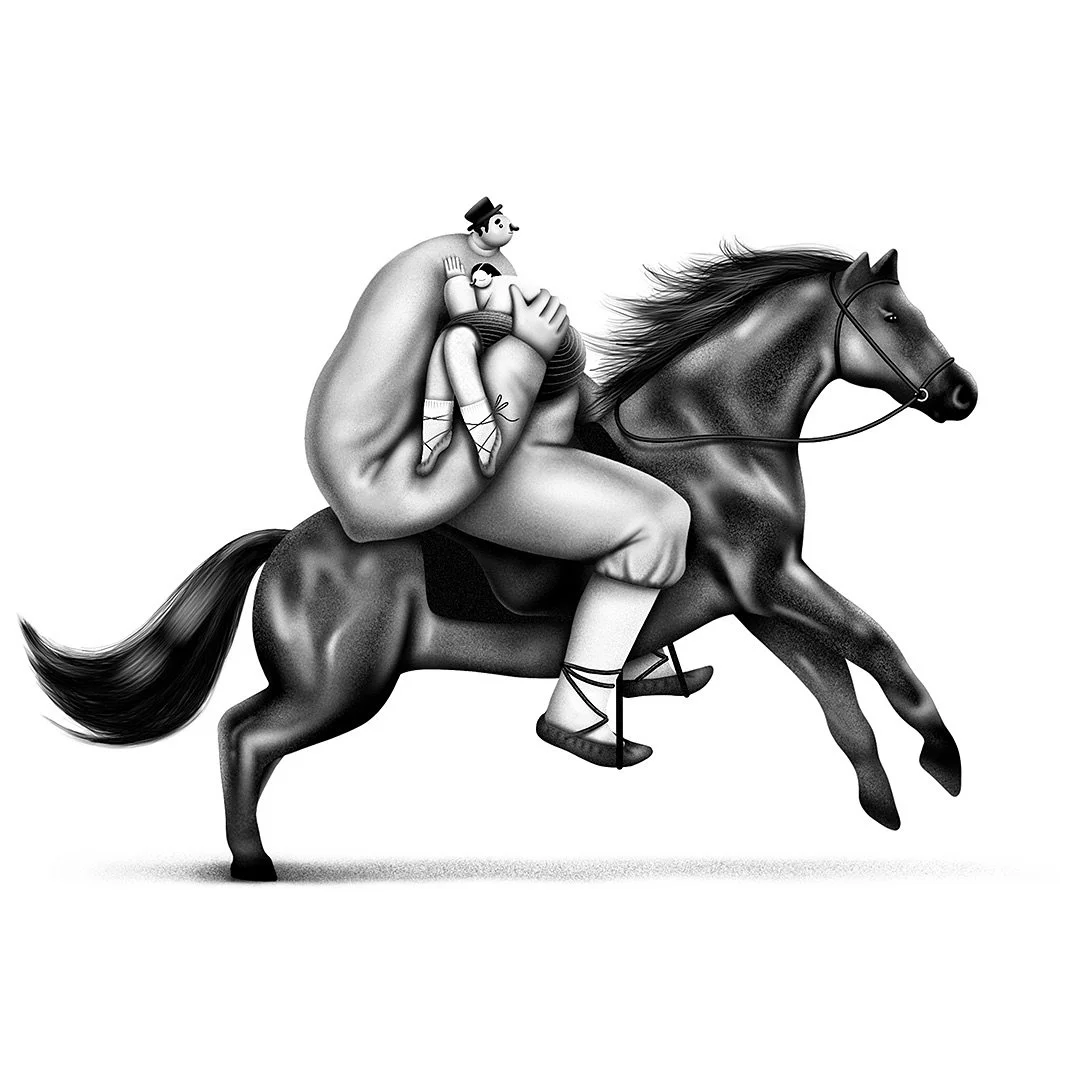 Ilustrācijas Ingai Ābelei un Domuzīmei
"Vanadznieka meita"
(2023)
• “Maza būdama, biju ieradusi gulēt diendusu pie tēta krūtīm straujos auļos uz zirga muguras.”
• “Kad ūmamms vērpj, viš saka - viņam aces