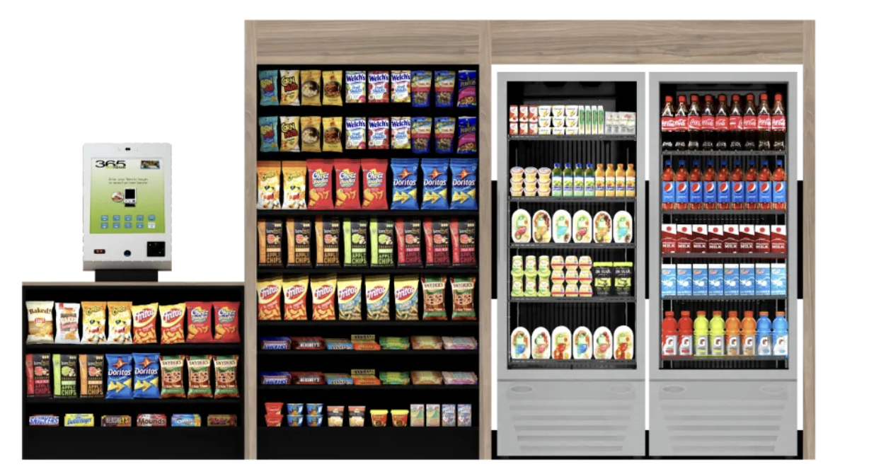 Vending machine and snack display at a convenience store with chips, candies, and beverages.Smart Cooler, Smart Market, Smart Store