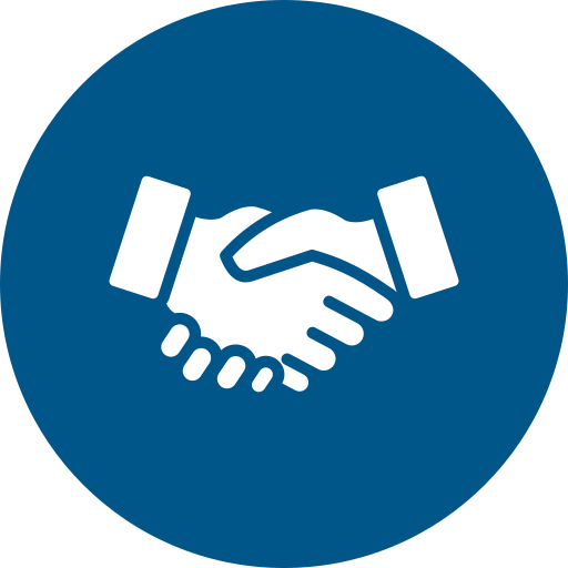 Symbol eines Händedrucks innerhalb eines blauen Kreises.