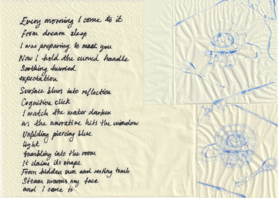 Handweritten poem in black ink on a cream napkin, to the right there are two drawings in blue of a teacup and spoon