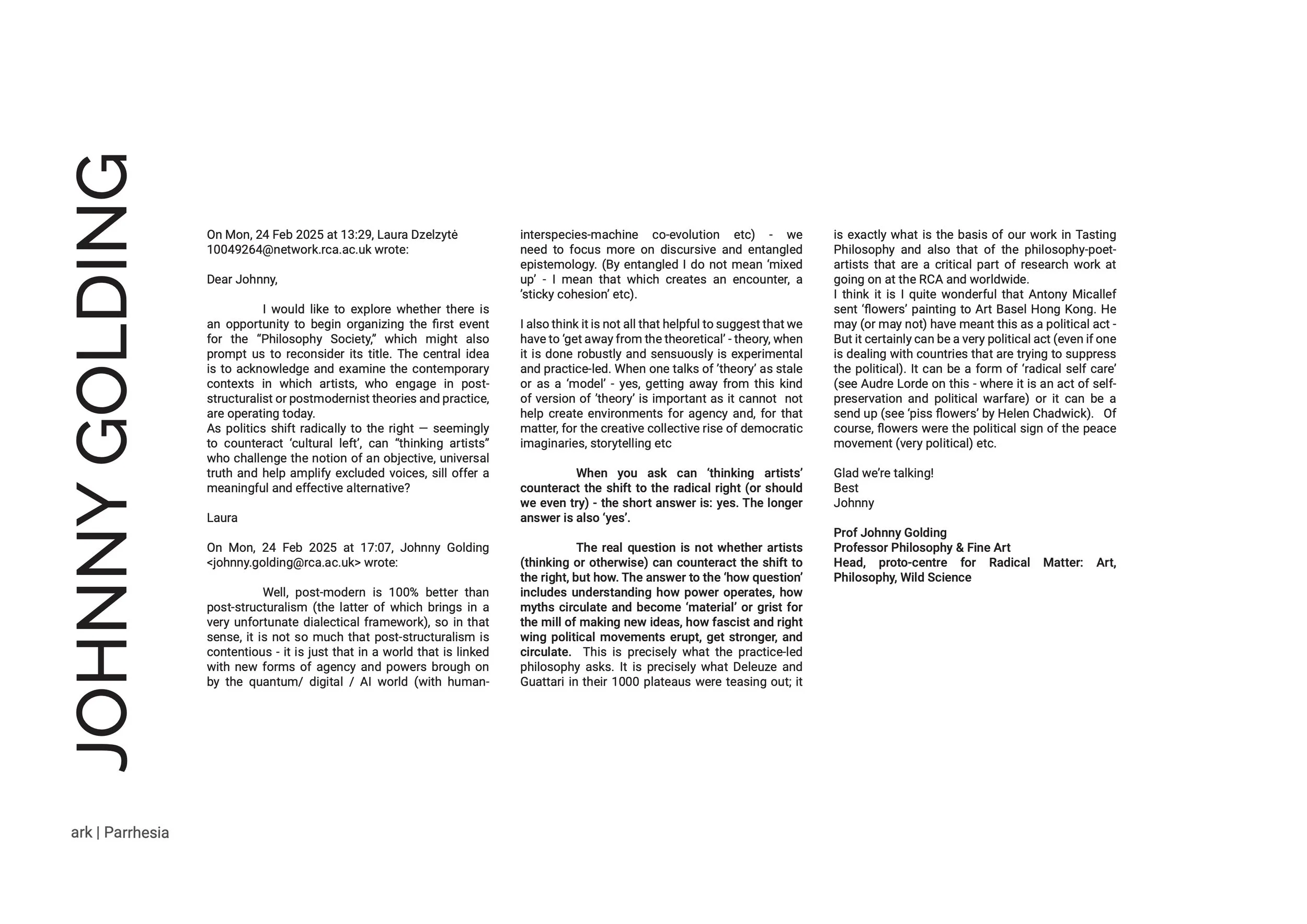 Magazine spread showing the name “Johnny Golding” in large vertical text beside an email exchange about a Philosophy Society and the role of ‘thinking artists’ in contemporary politics.