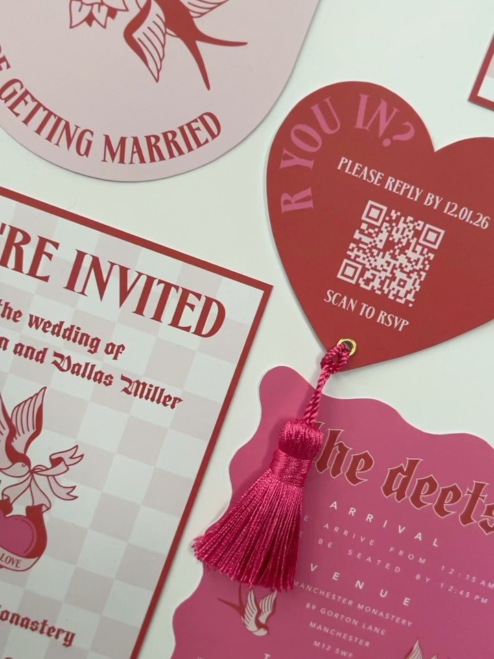 Are you in a Crisis, unsure of where to find the perfect wedding stationery to fit your vibe?! The Alexis suite is the perfect emo banger for any alternative couples and lovers of trad tattoos ❤️&zwj;🔥

Shown here in a pink &amp; red colour scheme, 