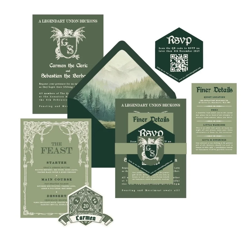 A little green re-fresh for the DnD invitation suite 🐉

A colour change can give a completely different feel to a pre-designed suite, we&rsquo;ve added a forest landscape envelope liner and a custom crest for the bellyband. 

These are their way ove