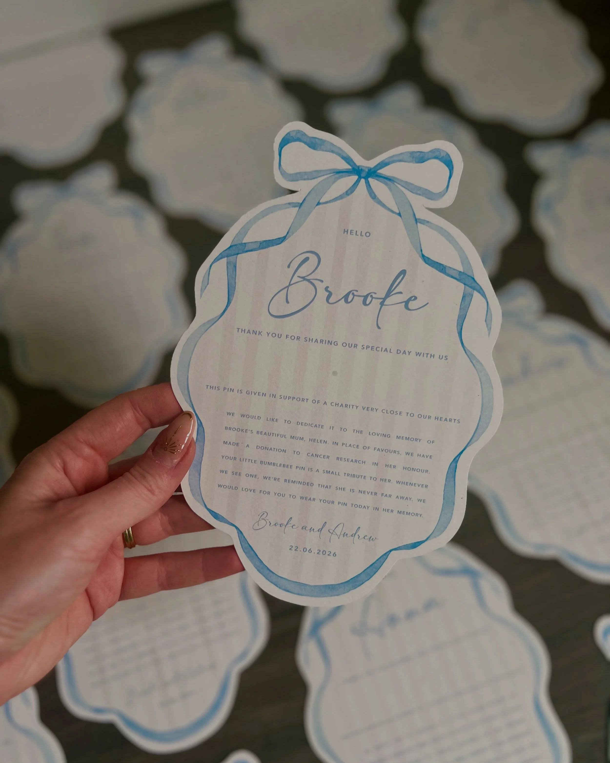 HELLO&hellip;

A beautiful bespoke place card order for B&amp;A, not only a functional piece of stationery but a very poignant one. The couple wanted to include a message in honour of the bride&rsquo;s late mother and also a bumblebee pin to be given
